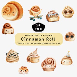 Clipart de rollo de canela de dibujos animados, paquete PNG de pastelitos lindos, rollo de canela kawaii, descarga digital de bollo sonriente, clip art de postre dulce