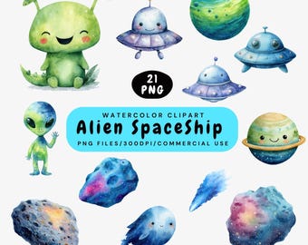 Puede incluir: Conjunto de imágenes prediseñadas de acuarela con ilustraciones temáticas del espacio. Incluye extraterrestres sonrientes, naves espaciales, planetas y asteroides en tonos azules, verdes y morados. El texto "Alien Spaceship" se muestra en una pancarta azul.