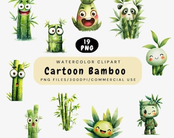 Bamboo Clipart, Cartoon Bamboo PNG Bundle, Cute Plant , Kawaii Green Bamboo Clip Art, Nature Digital Download, Smiling Bamboo PNG