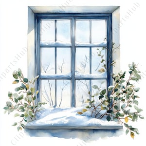 Può includere: Illustrazione ad acquerello di una finestra con cornice blu, coperta di neve. Rami verdi e neve sul davanzale. La finestra si affaccia su un paesaggio innevato con alberi spogli.