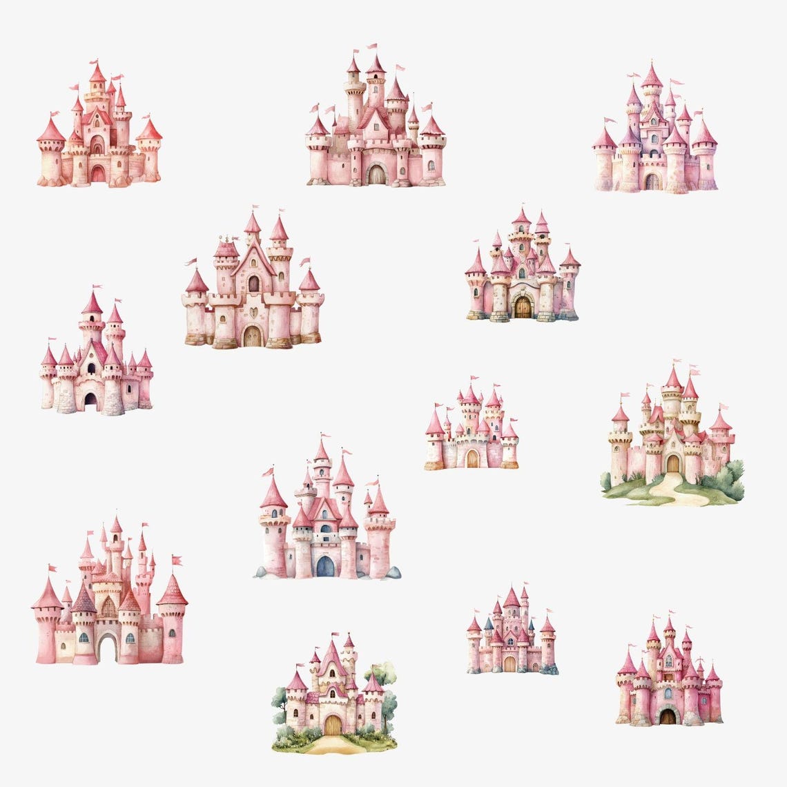 Pink Castle Clipart: Watercolor Princess PNG Bundle, Cute Fairytale ...