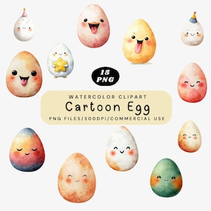 Cartoon Egg Clipart, Cute Breakfast PNG Bundle, Kawaii Egg Illustration, Smiling Egg Clip Art, Digital Download, Food PNG, Cartoon Egg