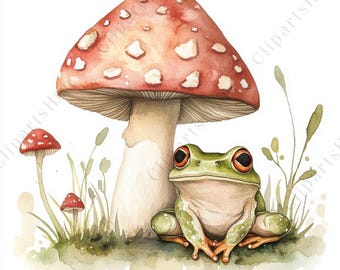 13 Watercolor Frog Clipart, Cute Frog with Mushroom JPG, Woodland Animal Art, Fairy Tale, Junk Journal, Paper Craft, High Quality JPG