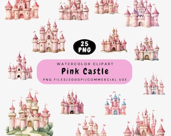 Clipart château rose : aquarelle princesse PNG Bundle, jolie illustration de conte de fées en téléchargement numérique, clipart château magique, usage Commercial