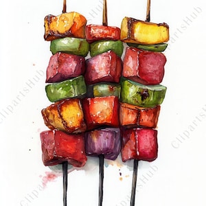 May include: Watercolor illustration of three skewers of grilled food. Each skewer features alternating cubes of red, green, orange, and yellow ingredients. The skewers are set against a white background, with watercolor splatters.
