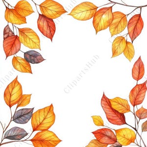 Può includere: Illustrazione ad acquerello di foglie autunnali nei toni del giallo, arancione e rosso. Le foglie sono disposte su rami, creando un bordo decorativo su sfondo bianco. L'immagine ha un'atmosfera calda e accogliente.