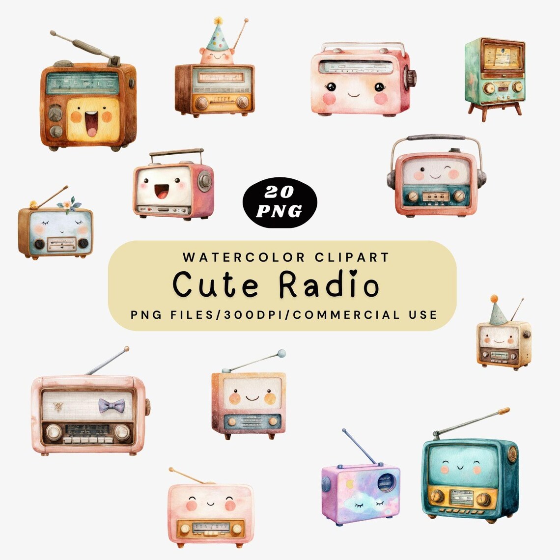 Cute Radio Clipart, Cartoon Radio PNG Bundle, Kawaii Music Illustration ...