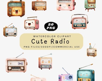 Cute Radio Clipart, Cartoon Radio PNG Bundle, Kawaii Music Illustration, Vintage Radio Clip Art, Retro Boombox PNG, Digital Download,