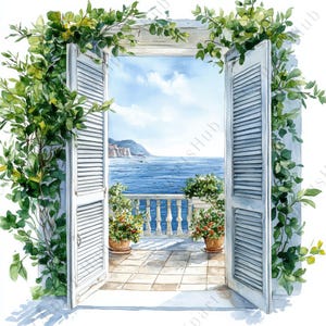 Peut inclure: Aquarelle d'un balcon donnant sur la mer. Des volets blancs s'ouvrent sur une vue bleue de l'océan, avec une balustrade et des plantes en pot. Des vignes vertes encadrent la scène, créant un thème côtier serein.