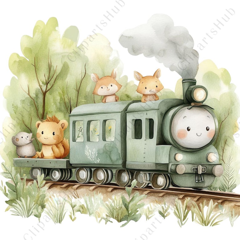 Create Animal Train 15 Watercolor Baby Animal Train Clipart, Blue Locomotive PNG, Nursery ...
