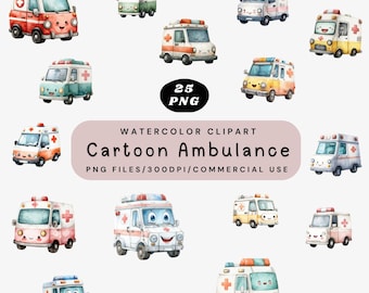 Cartoon Ambulance Clipart, Cute Emergency Vehicle PNG Bundle, Kawaii Ambulance , Medical Car Clip Art, Rescue PNG, Digital Download,
