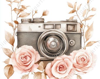 Könnte beinhalten: Aquarell-Illustration einer Vintage-Kamera, umgeben von rosafarbenen Rosen und Blättern in Sepia-Tönen. Die Kamera ist grau und silber, mit einem prominenten Objektiv. Das Blumenarrangement verleiht dem Bild eine romantische, künstlerische Note.