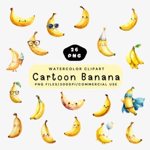 Cartoon Banana Clipart, Cute Banana PNG Bundle, Kawaii Fruit Clip Art, Smiling Banana Illustration, Food Digital Download, Nursery Fruit PNG