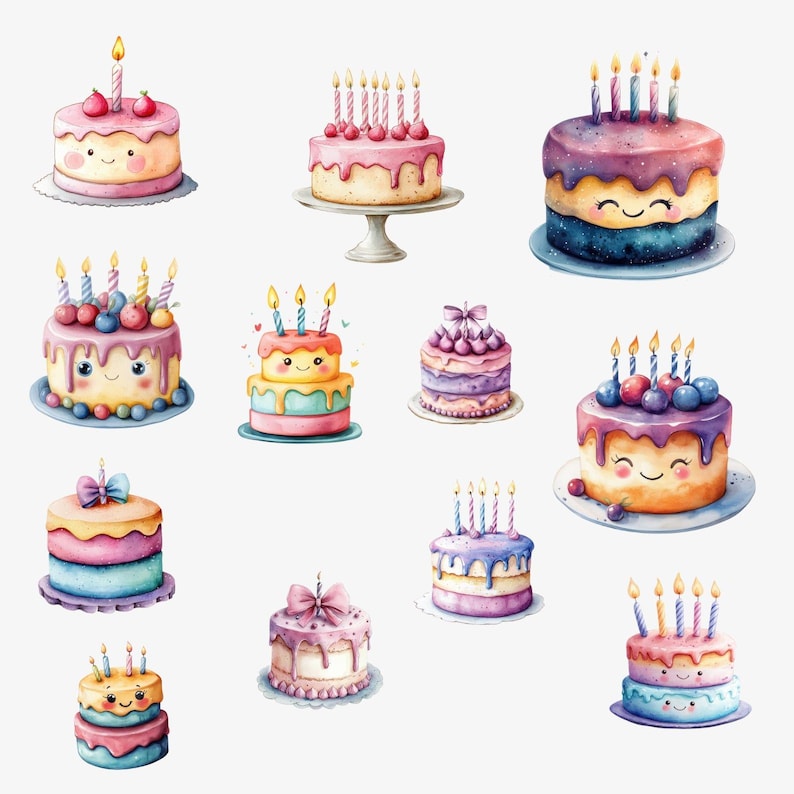 Cute Birthday Cake Clipart: Watercolor Party PNG Bundle, Fun Dessert ...