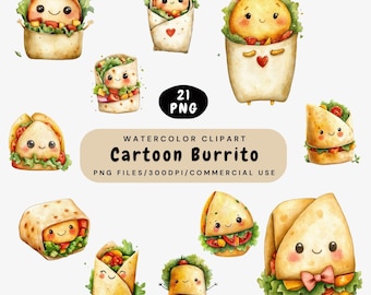 Cartoon Burrito Clipart: Watercolor Mexican Food PNG Bundle, Cute Taco Wrap Digital Download, Funny Burrito Clip Art, Commercial Use
