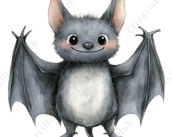23 Cute Bat Clipart, Watercolor Baby Bat PNG, Gothic Nursery Decor, Scrapbook Stickers, Kawaii Bat Illustration, High-Quality PNG Set