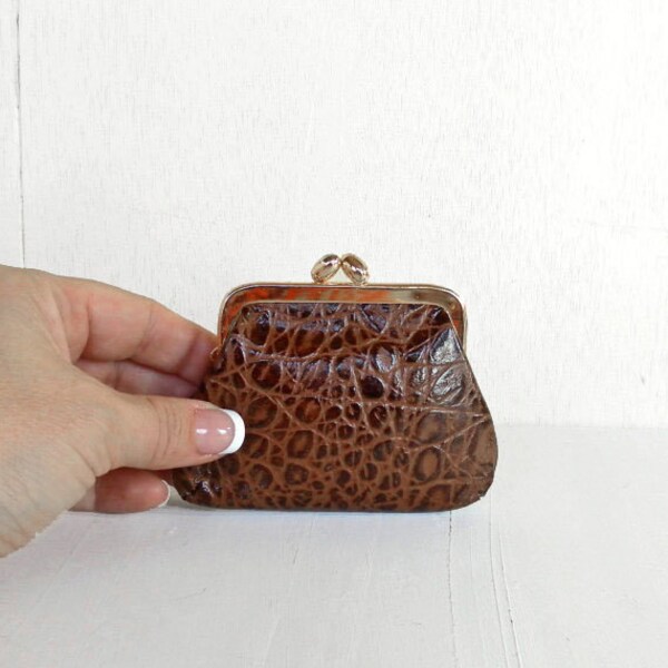 vintage clutch mini wallet in faux alligator leather and gold tone frame SEE YA LATER