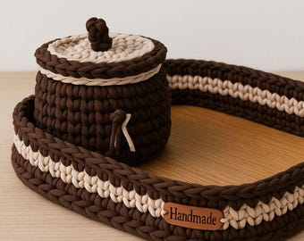 Juego de cesta y bandeja de crochet hechas a mano: cuerda de algodón con base de madera