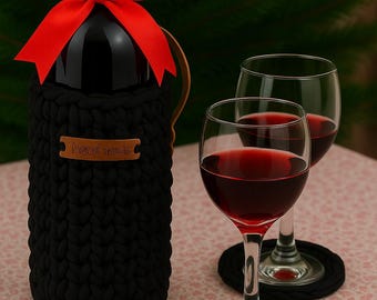 Portabotellas de vino de crochet hecho a mano: hilo negro con detalles de cuero