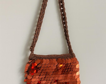Bolso de lentejuelas de ganchillo hecho a mano / Bolso de hombro bohemio marrón