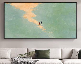 Large Original Green Grassland Oil Painting, Abstract Romantic Couple Canvas Art, Natural Scenery Wall Decor, Modern Living Room Home Decor