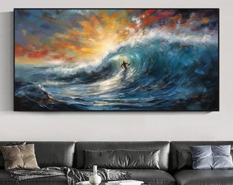 Original Surfing Oil Painting on Canvas, Abstract Seascape Wall Art