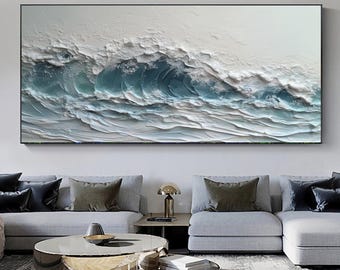 Large Original Turbulent Sea Waves Oil Painting, Abstract Blue Ocean Canvas Art, Textured Seascape Wall Art, Custom Living Room Wall Decor
