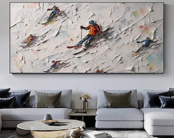 Large Original Skiing Oil Painting On Canvas, Abstract Ski Sport Artwork, Textured Wall Art, Custom Winter Scenery Decor, Living Room Decor