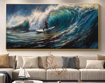 Original Surfing Oil Painting, Abstract Swimming Canvas Art, Hand-drawn Seascape Art, Large Wall Art, Surfing Art, Modern Living Room Decor