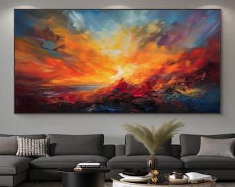 Abstract Sunset Canvas Art, Original Vibrant Landscape Painting, Colorful Sky Wall Art, Handmade Textured Artwork, Modern Nature Home Decor