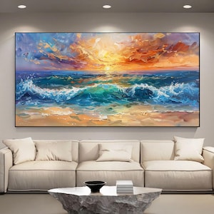Abstract Ocean Sunset Oil Painting, Original Textured Seascape Wall Art, Handmade Vibrant Beach Canvas Art, Unique Modern Coastal Home Decor