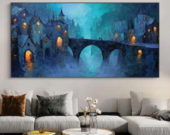 Mystical Fantasy Village Night Oil Painting, Dark Moody Blue Bridge Wall Art, Glowing Castle Town On Canvas, Magical River City Home Decor