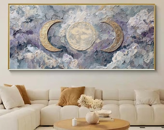 Triple Moon Goddess Oil Painting, Textured Celestial Night Wall Art, Gold Purple Clouds Impasto On Canvas, Mystic Wiccan Magic Home Decor