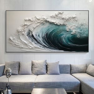 This Hand-painted 3D Textured Ocean Waves Painting captures the dynamic beauty of the sea with abstract impasto white waves. Its bold texture and calming hues create a stunning focal point, perfect for living room or coastal-inspired home décor. A true original seascape wall art piece.