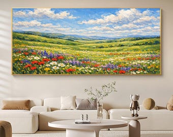 Colorful Wildflower Meadow Oil Painting, Original Green Hills On Canvas , Sunny Spring Landscape Wall Art, Textured Floral Nature Home Decor