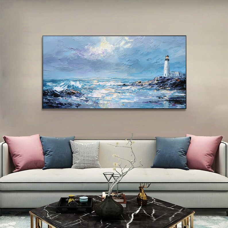 Impasto Textured Lighthouse Oil Painting, Abstract Blue Seascape Wall Art, Original Rocky Coastal Wave On Canvas, Nautical Marine Home Decor