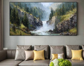 Majestätische neblige Wasserfall Ölgemälde, grüne Kiefernwald Natur Wandkunst, strukturierte Berg Wohnkultur, wunderschöne Fluss Landschaft Leinwand Kunst