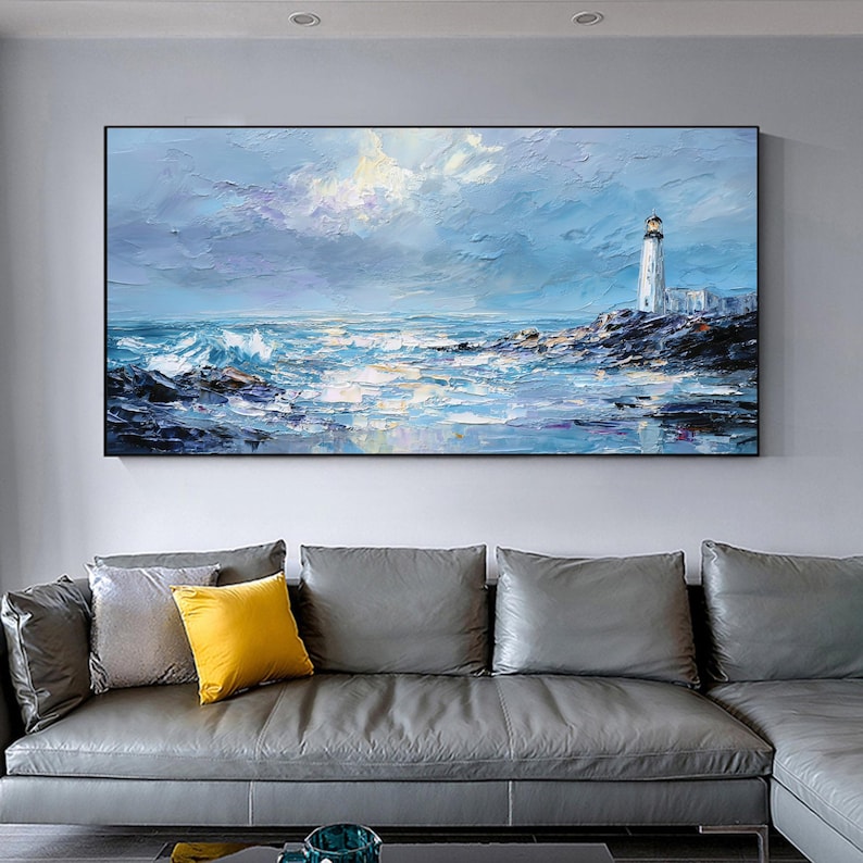 Impasto Textured Lighthouse Oil Painting, Abstract Blue Seascape Wall Art, Original Rocky Coastal Wave On Canvas, Nautical Marine Home Decor