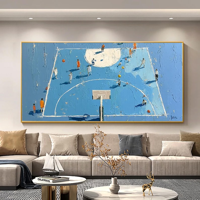 This hand-painted basketball game oil painting captures the energy and excitement of a basketball court. The abstract design brings dynamic movement to your space, making it an ideal wall decor for basketball lovers. A perfect gift for sports enthusiasts to brighten up any room with passion and energy.