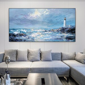 Impasto Textured Lighthouse Oil Painting, Abstract Blue Seascape Wall Art, Original Rocky Coastal Wave On Canvas, Nautical Marine Home Decor