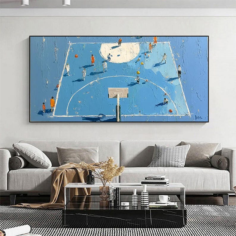 This hand-painted basketball game oil painting captures the energy and excitement of a basketball court. The abstract design brings dynamic movement to your space, making it an ideal wall decor for basketball lovers. A perfect gift for sports enthusiasts to brighten up any room with passion and energy.