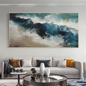 3D Textured Green Beach Oil Painting, Abstract Ocean Waves Canvas Art, Original Seascape Painting, Impasto Wall Art, Living Room Home Decor