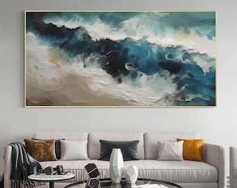 3D Textured Green Beach Oil Painting, Abstract Ocean Waves Impasto Canvas Art