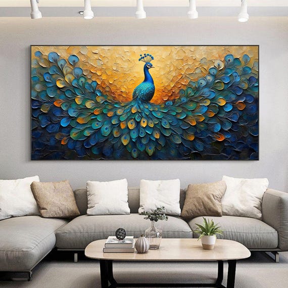 Original Peacock Spreading Its Tail Oil Painting, Abstract Green