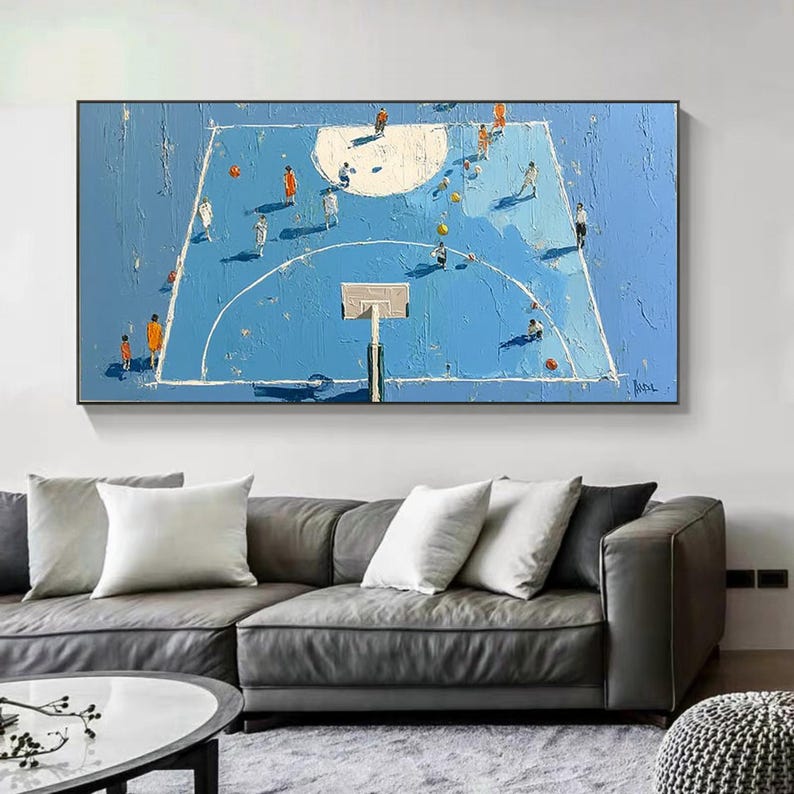 This hand-painted basketball game oil painting captures the energy and excitement of a basketball court. The abstract design brings dynamic movement to your space, making it an ideal wall decor for basketball lovers. A perfect gift for sports enthusiasts to brighten up any room with passion and energy.
