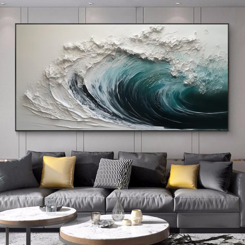 This Hand-painted 3D Textured Ocean Waves Painting captures the dynamic beauty of the sea with abstract impasto white waves. Its bold texture and calming hues create a stunning focal point, perfect for living room or coastal-inspired home décor. A true original seascape wall art piece.