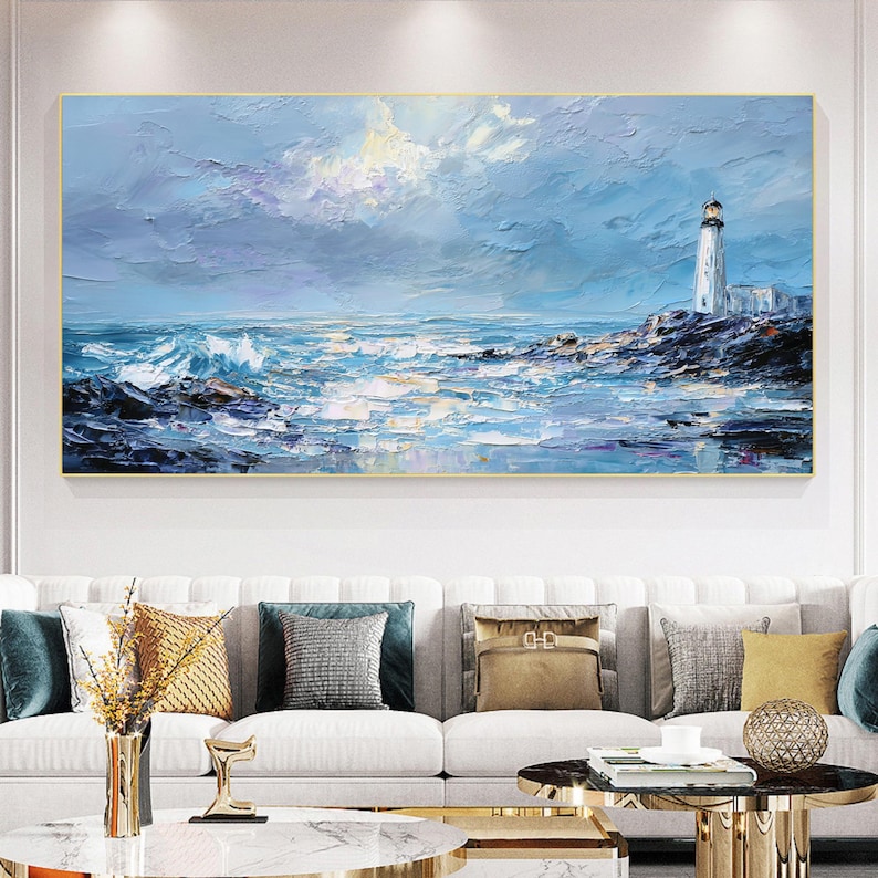 Impasto Textured Lighthouse Oil Painting, Abstract Blue Seascape Wall Art, Original Rocky Coastal Wave On Canvas, Nautical Marine Home Decor