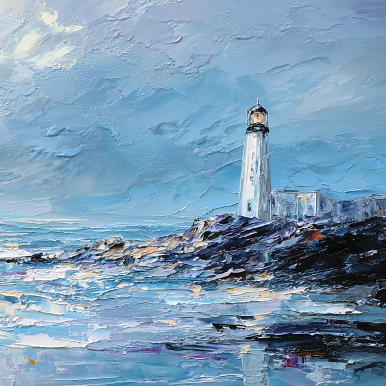 Impasto Textured Lighthouse Oil Painting, Abstract Blue Seascape Wall Art, Original Rocky Coastal Wave On Canvas, Nautical Marine Home Decor