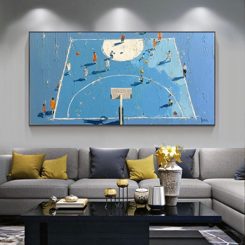 This hand-painted basketball game oil painting captures the energy and excitement of a basketball court. The abstract design brings dynamic movement to your space, making it an ideal wall decor for basketball lovers. A perfect gift for sports enthusiasts to brighten up any room with passion and energy.