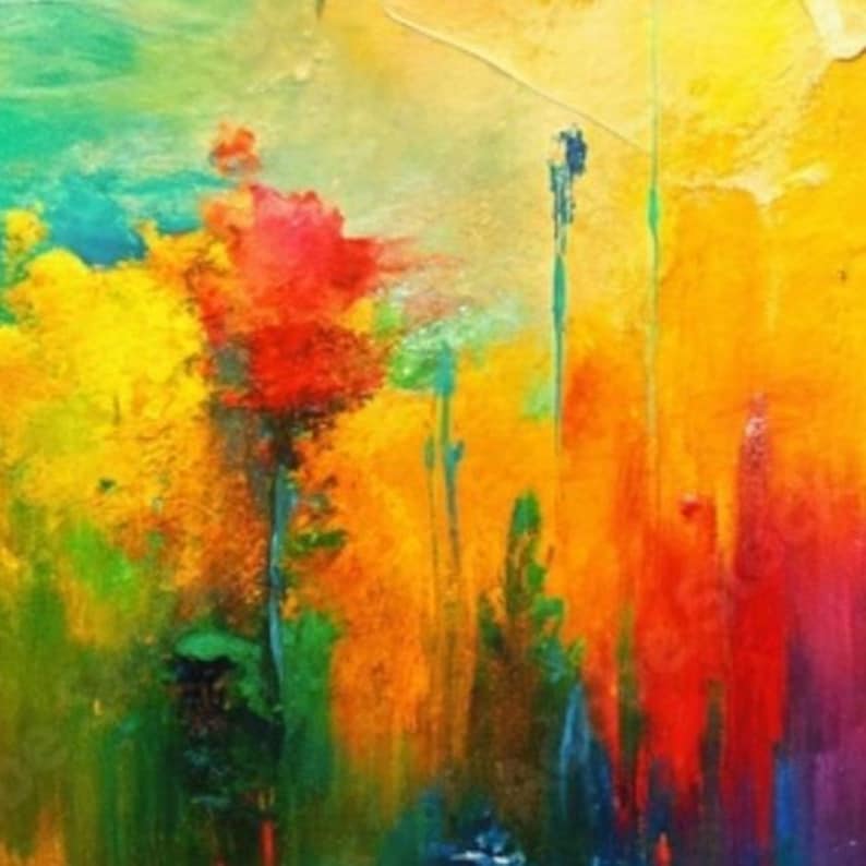 May include: Abstract painting with a vibrant color palette. The artwork features bold strokes of red, yellow, green, and blue, creating a dynamic and textured composition. The painting evokes a sense of energy and movement, with a focus on color and form.